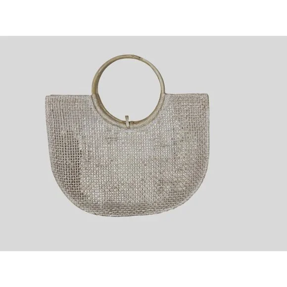 Jute or Straw Large Tote Round Cane Double Handles Orange Raffia Flowers - Picture 2 of 4